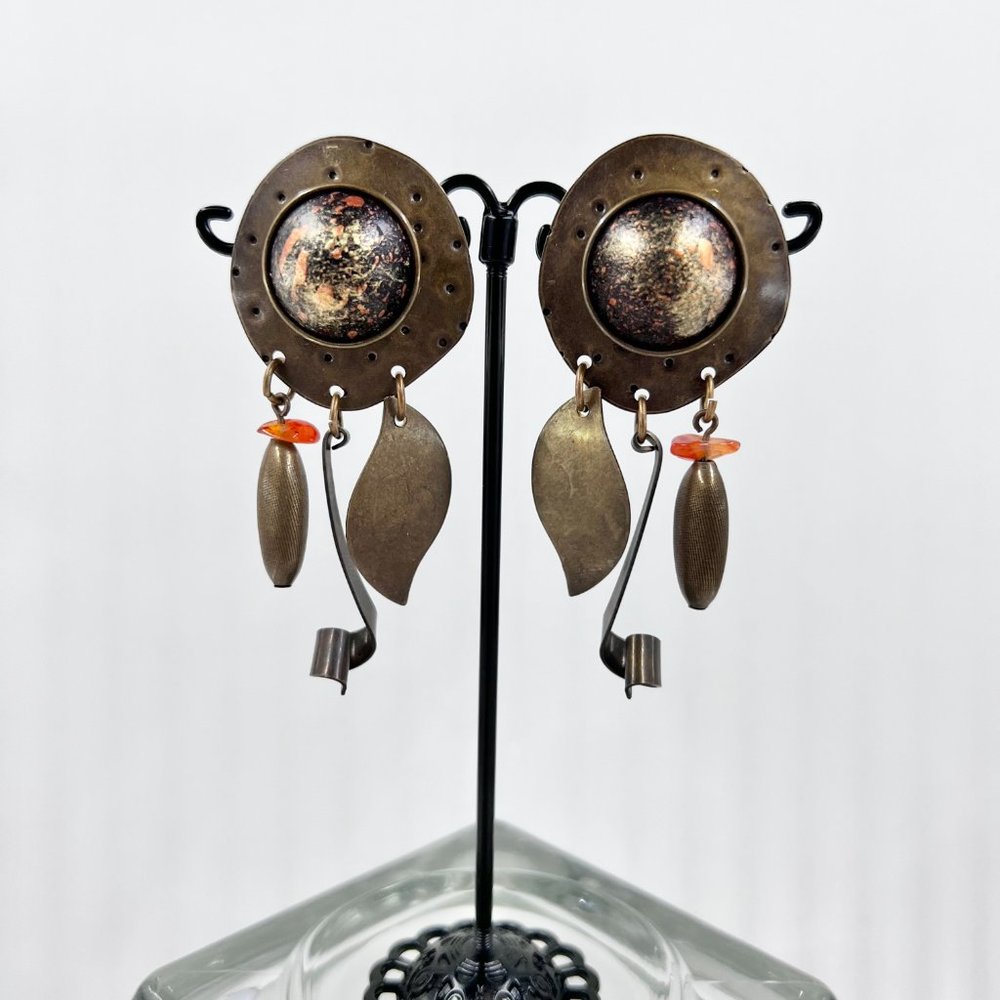 NWOT - Artisan BOHO Brass Tone Textured Metal Dangle Post Earrings - Picture 2 of 6